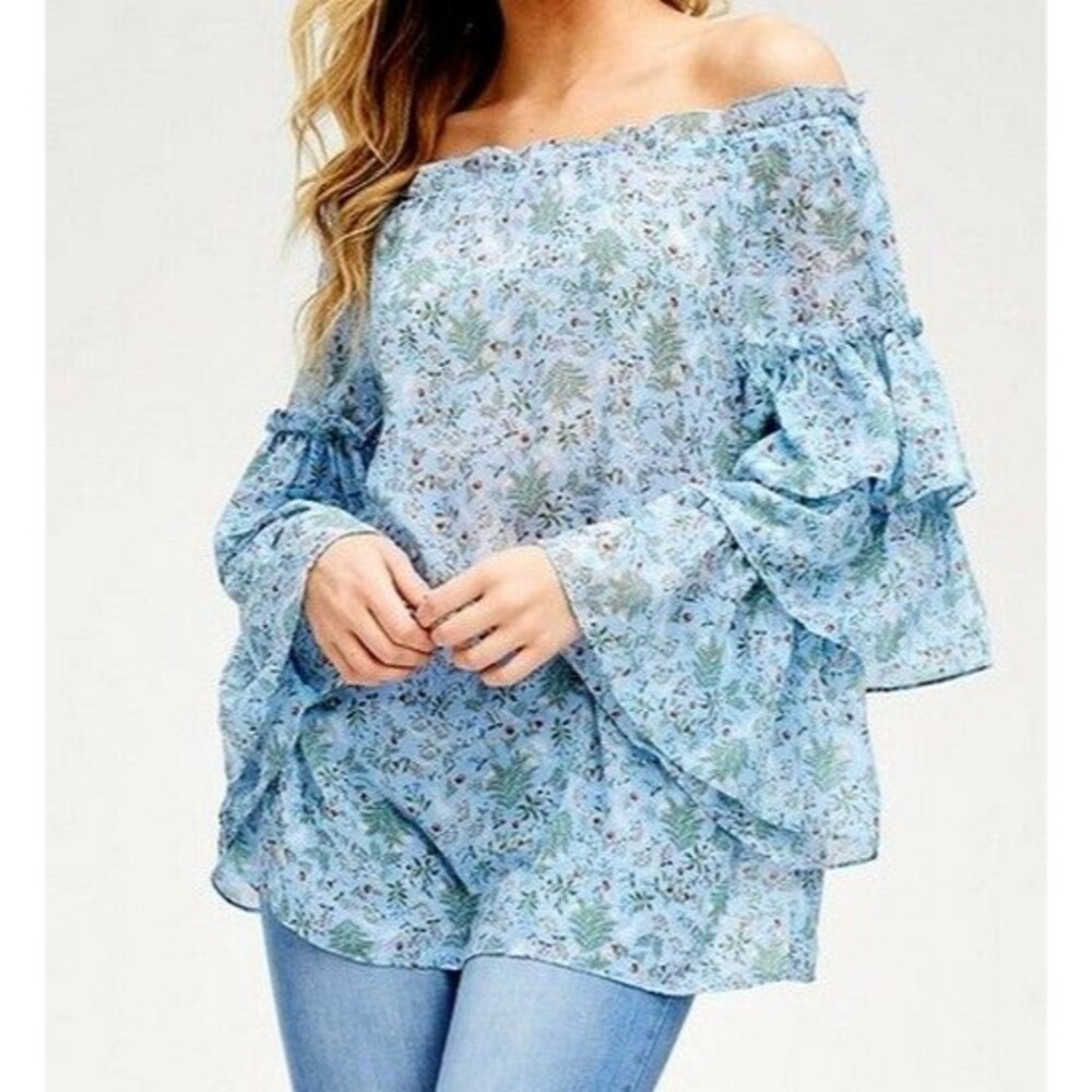 NEW Solution Off Shoulder Long Sleeve Ruffle Blouse Cute with Bunnies Size M
